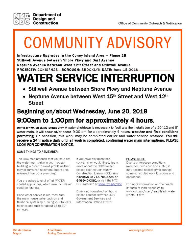 WATER SERVICE INTERRUPTION ADVISORY Sea Gate